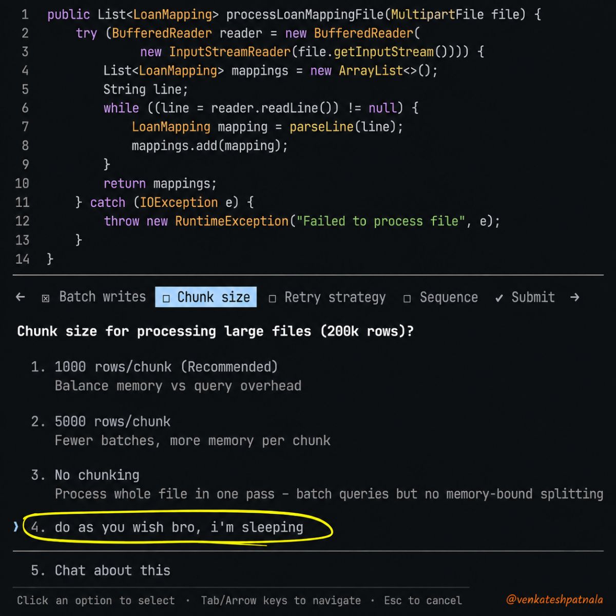 An AI coding assistant asking implementation questions