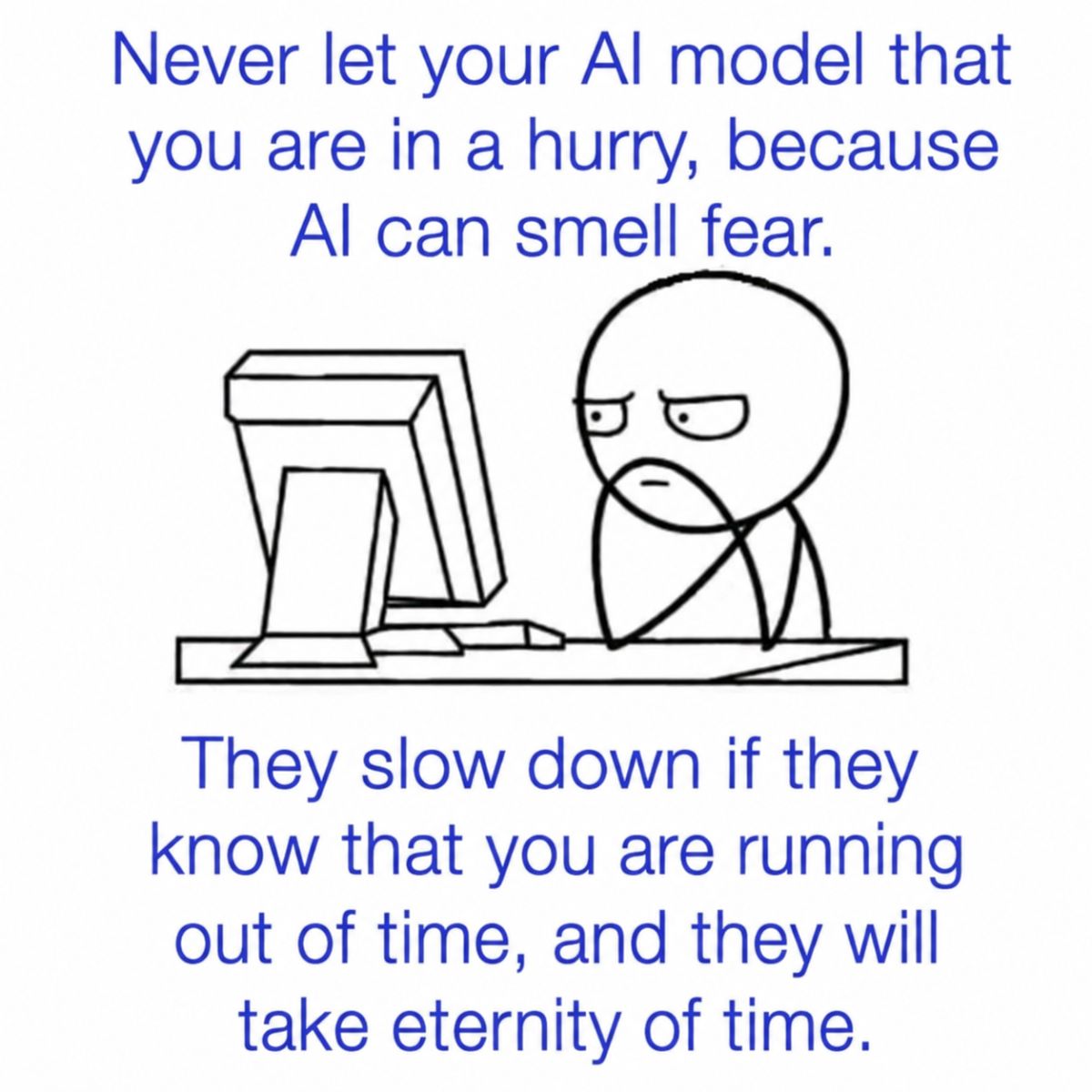 A meme about postponing a slow AI debugging session until Monday